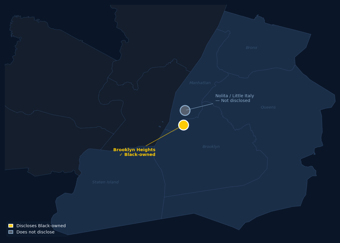 Map of NYC showing Brooklyn Heights (discloses) and Nolita (does not disclose) Cloudy Donut locations
