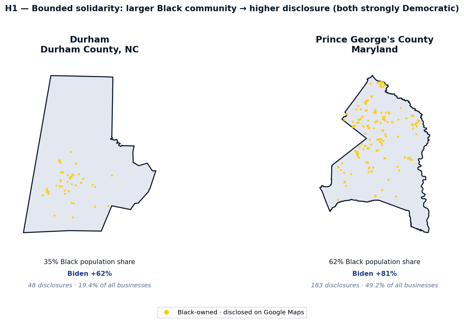Durham vs. Prince George's County map showing disclosure dot density