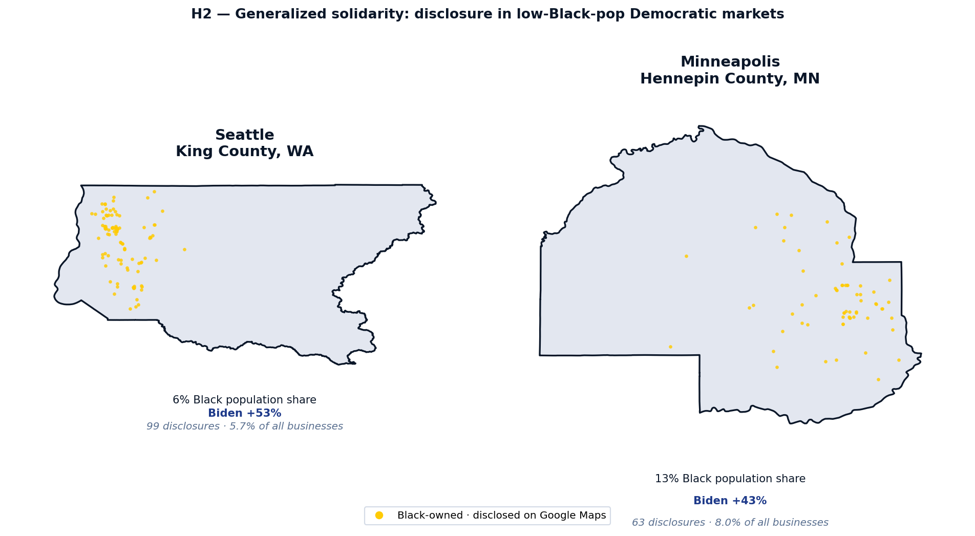 Seattle and Minneapolis county maps showing disclosure in low-Black-pop Democratic markets