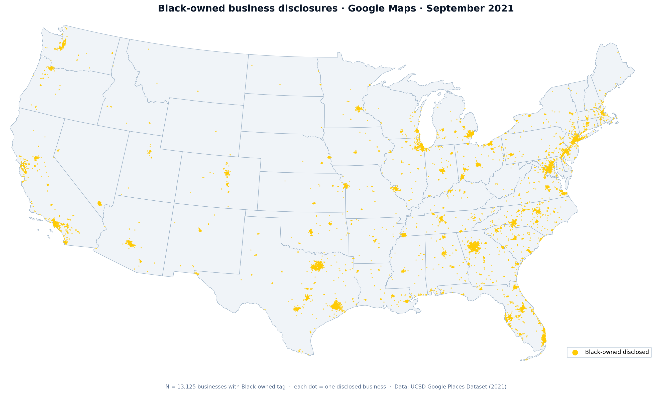 Dot map of Black-owned business disclosures on Google Maps, September 2021