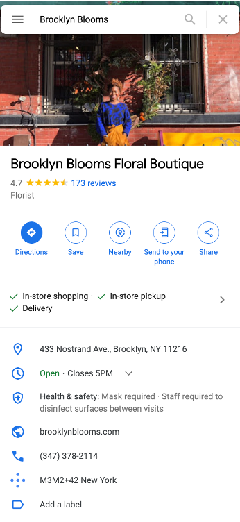 Brooklyn Blooms Google Maps listing