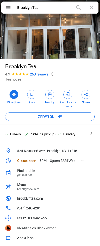 Brooklyn Tea Google Maps listing